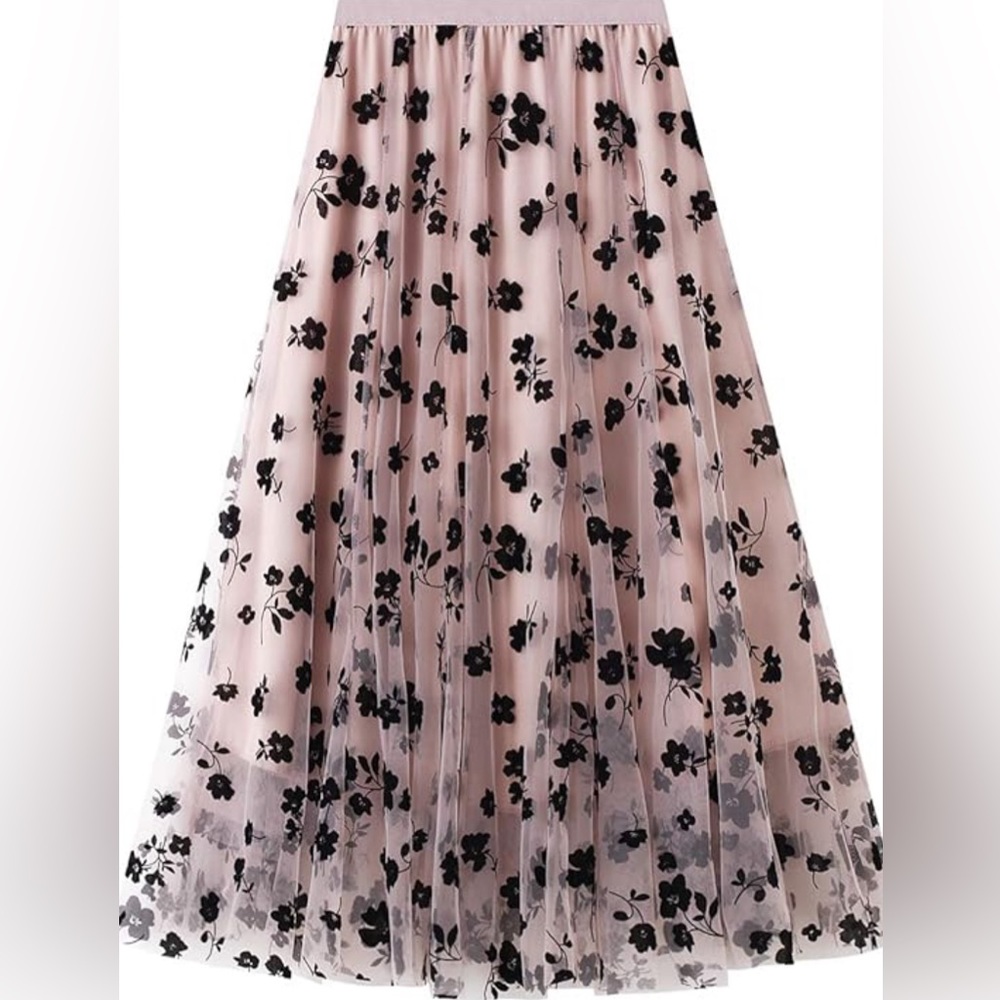 W& J women’s pink mesh with black flowers maxi skirt NET S/M L26-36